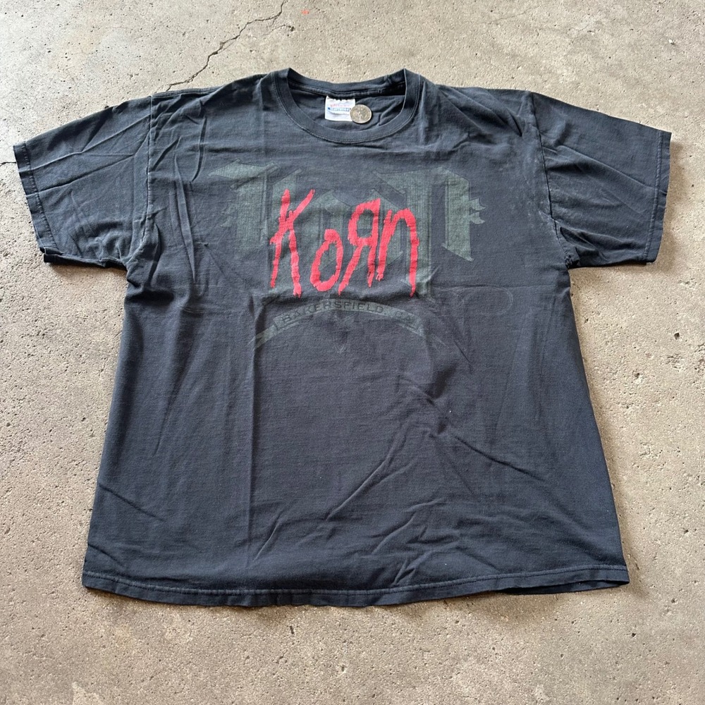 Vintage Y2K Korn T-Shirt Mens XL Black Bakersfield CA Band Graphic Nu Metal Tee